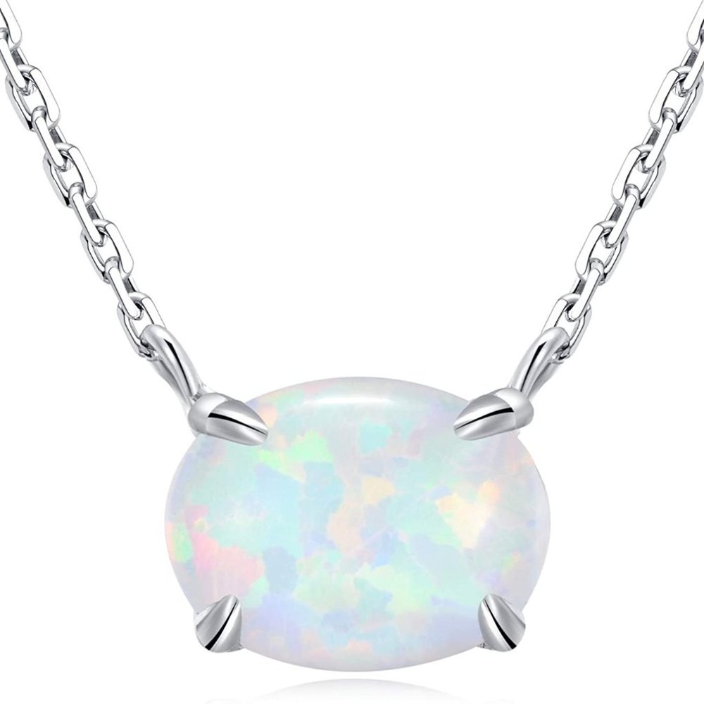 Sterling Silver Opal Necklace,925 Sterling Silver,Small Dainty Oval Opal Jewelry